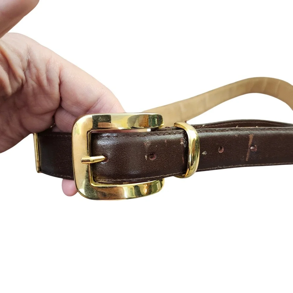 Classic Dark Brown Genuine Leather Belt with Gold Ring Accents Sz L Dk Academia‎